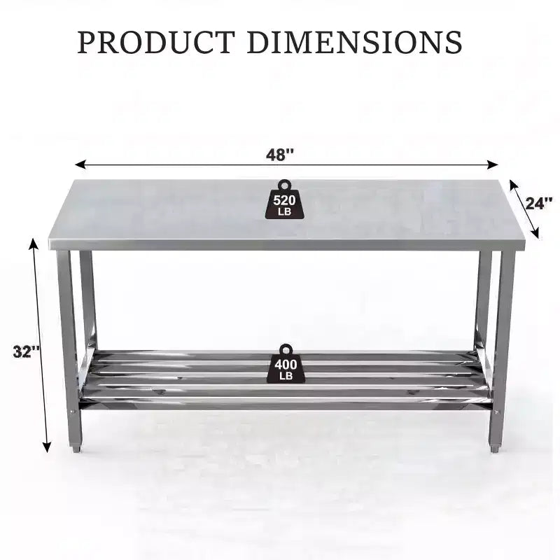 Tavolo Pieghevole in Acciaio Inox 60 X 24, per Cucina Commerciale Resistente con Ripiano Inferiore Regolabile, Piano da Lavoro in Metallo a 2 Ripiani per Cucina