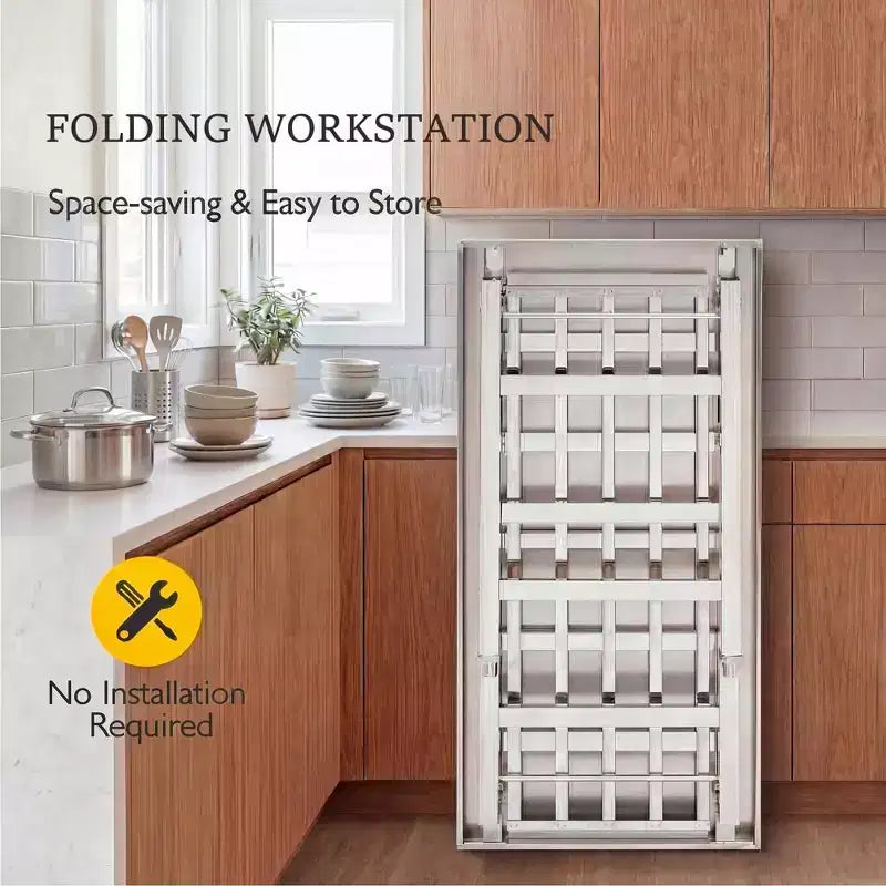 Tavolo Pieghevole in Acciaio Inox 60 X 24, per Cucina Commerciale Resistente con Ripiano Inferiore Regolabile, Piano da Lavoro in Metallo a 2 Ripiani per Cucina