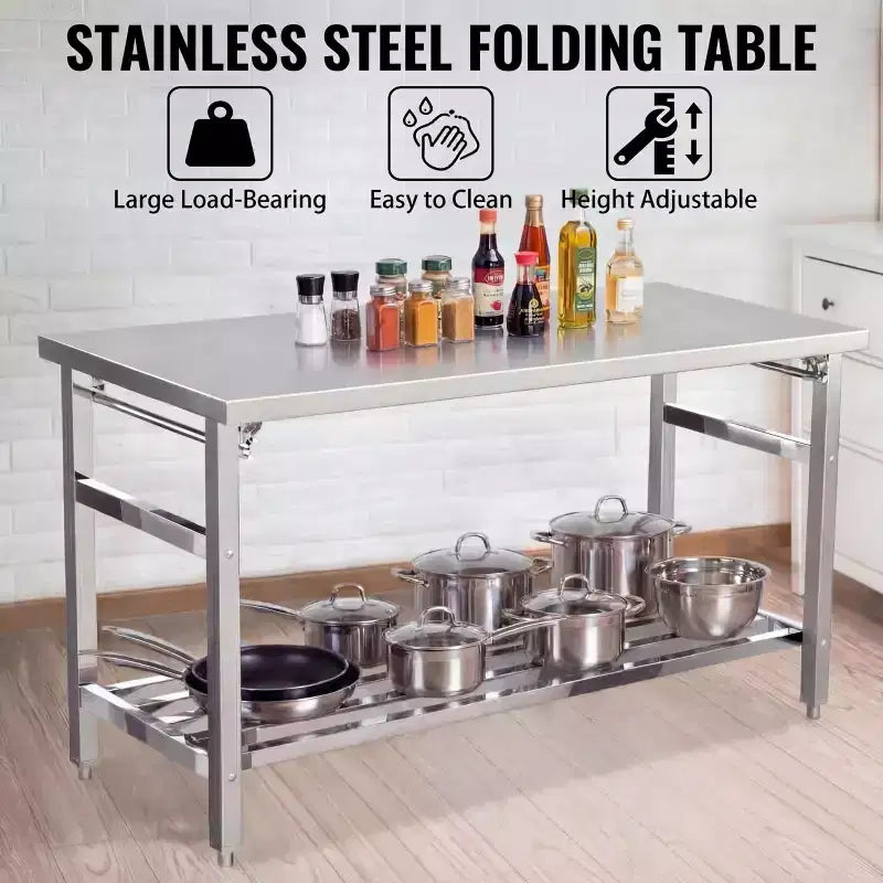 Tavolo Pieghevole in Acciaio Inox 60 X 24, per Cucina Commerciale Resistente con Ripiano Inferiore Regolabile, Piano da Lavoro in Metallo a 2 Ripiani per Cucina