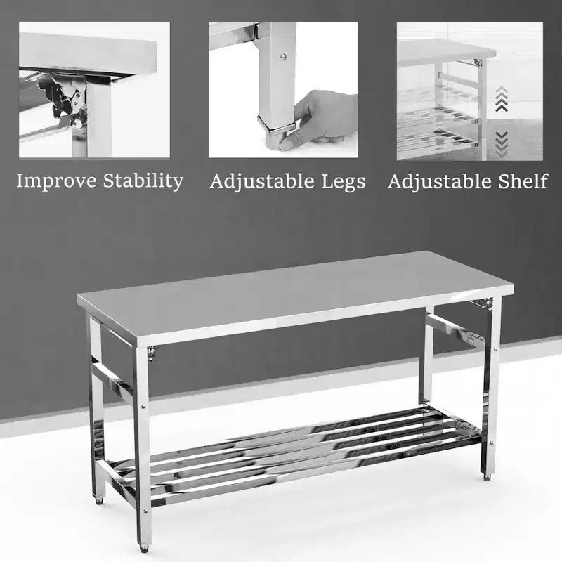 Tavolo Pieghevole in Acciaio Inox 60 X 24, per Cucina Commerciale Resistente con Ripiano Inferiore Regolabile, Piano da Lavoro in Metallo a 2 Ripiani per Cucina