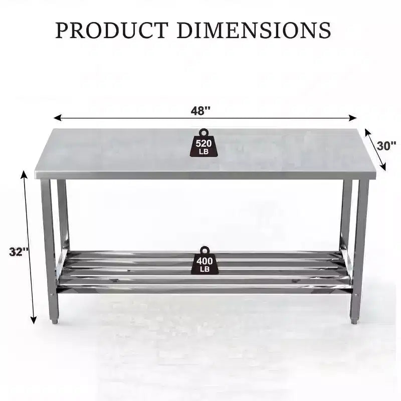 Tavolo Pieghevole in Acciaio Inox 60 X 24, per Cucina Commerciale Resistente con Ripiano Inferiore Regolabile, Piano da Lavoro in Metallo a 2 Ripiani per Cucina