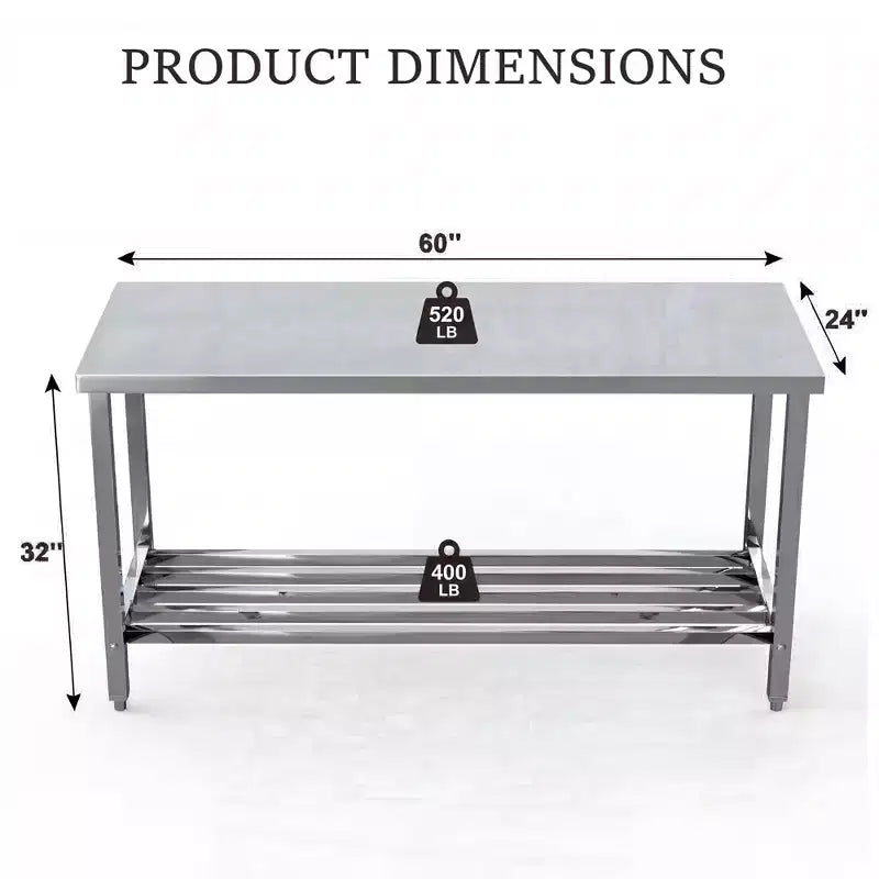 Tavolo Pieghevole in Acciaio Inox 60 X 24, per Cucina Commerciale Resistente con Ripiano Inferiore Regolabile, Piano da Lavoro in Metallo a 2 Ripiani per Cucina